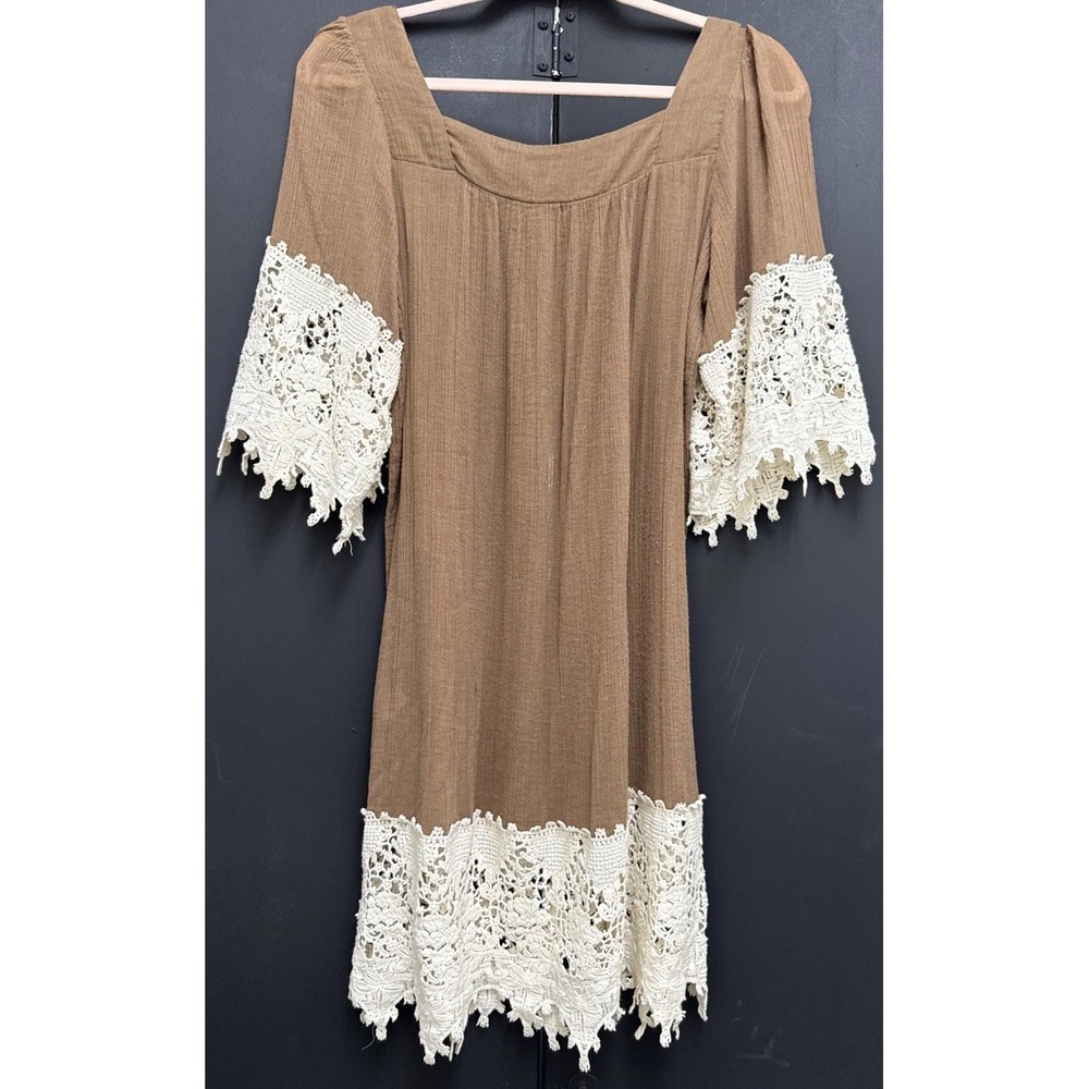 Umgee Boho Dress‎ Womens Small Brown Crochet Lace Trim Shift Tunic Bell Sleeve